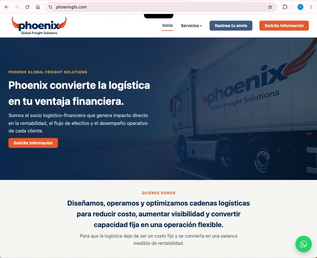 Sitio web de Phoenix Global Freight Solutions, operador logístico